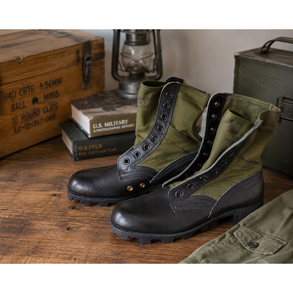 Vintage 1987 US Military Jungle Boots Spike Protective Olive Green Black 5.5XW